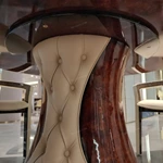 Round Marble Dining Table with smooth Lazy Susan and Button-Tufted Leather Pedestal